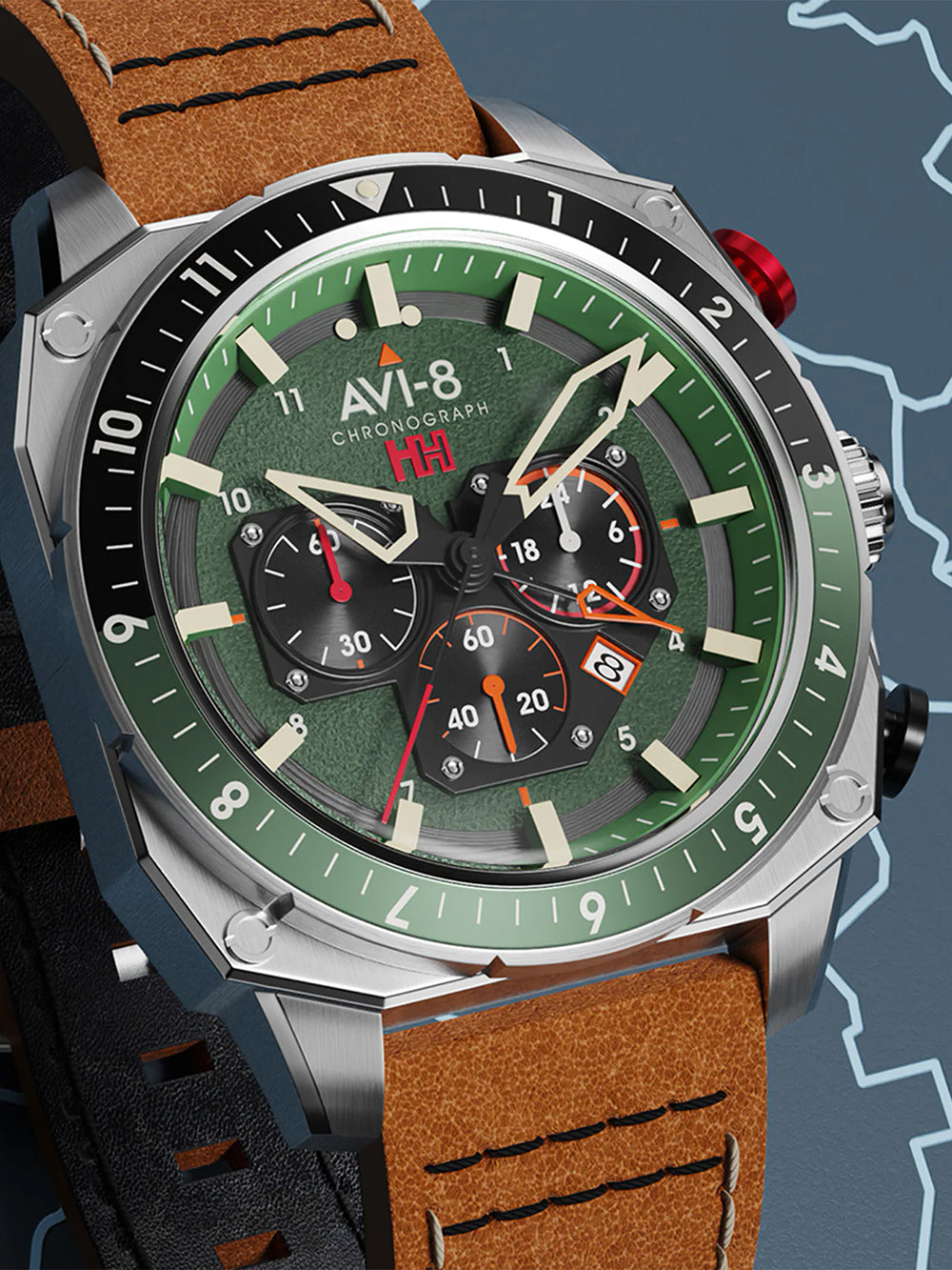AVI-8 AV-4100-01 vyriškas laikrodis Hawker Hunter Dual Time Chronograph 43mm 5ATM