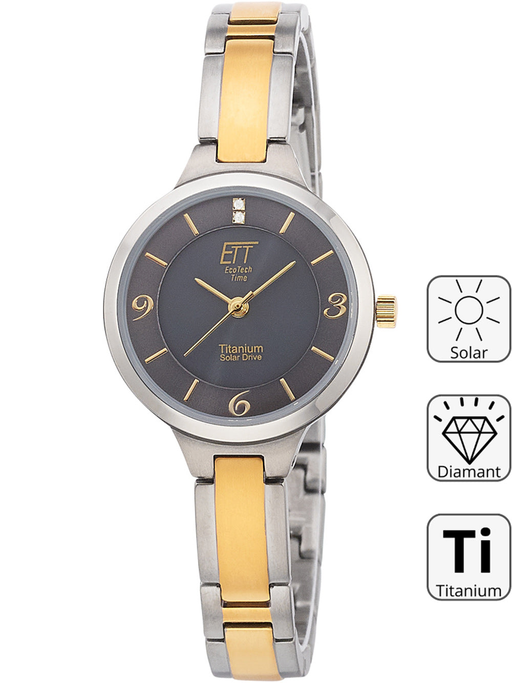 ETT ELS-12146-52M Diamond Lady Solar Drive Titan moteriškas laikrodis 28mm 5ATM