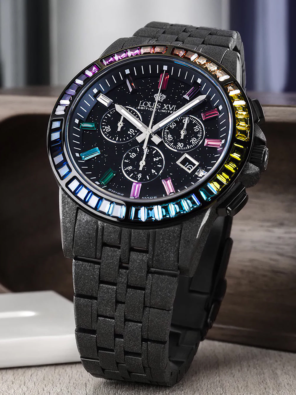 Louis XVI LXVI1129 vyriškas laikrodis Majeste Frosted Iced Out Chronograph 43mm 5ATM