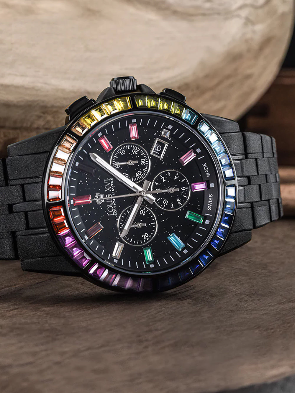 Louis XVI LXVI1129 vyriškas laikrodis Majeste Frosted Iced Out Chronograph 43mm 5ATM