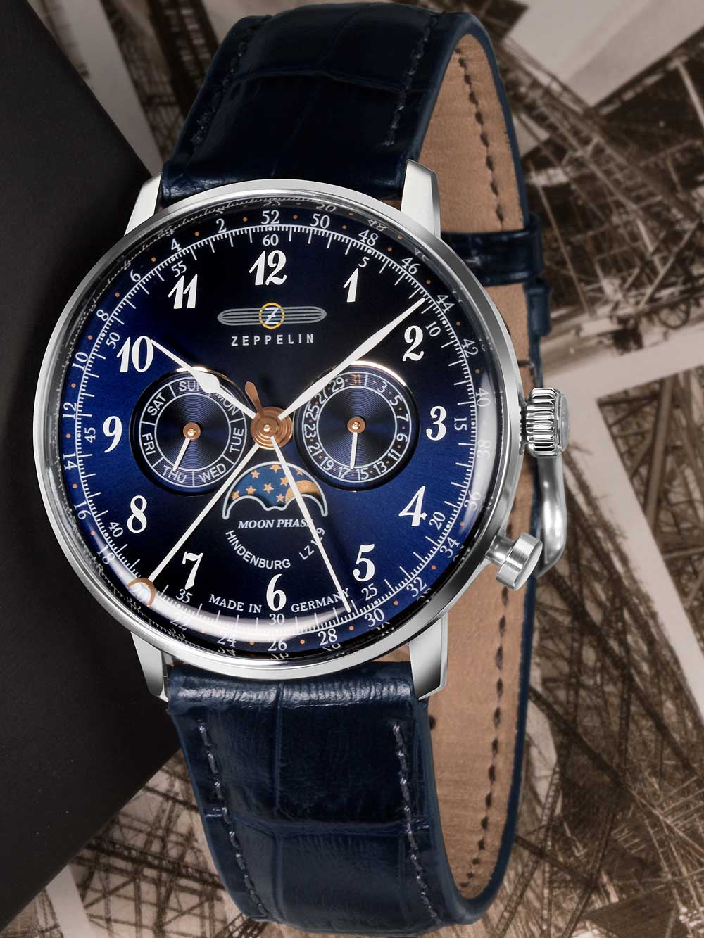 Zeppelin 7036-3 Hindenburg LZ129 men`s laikrodis moon phase 40mm 3ATM