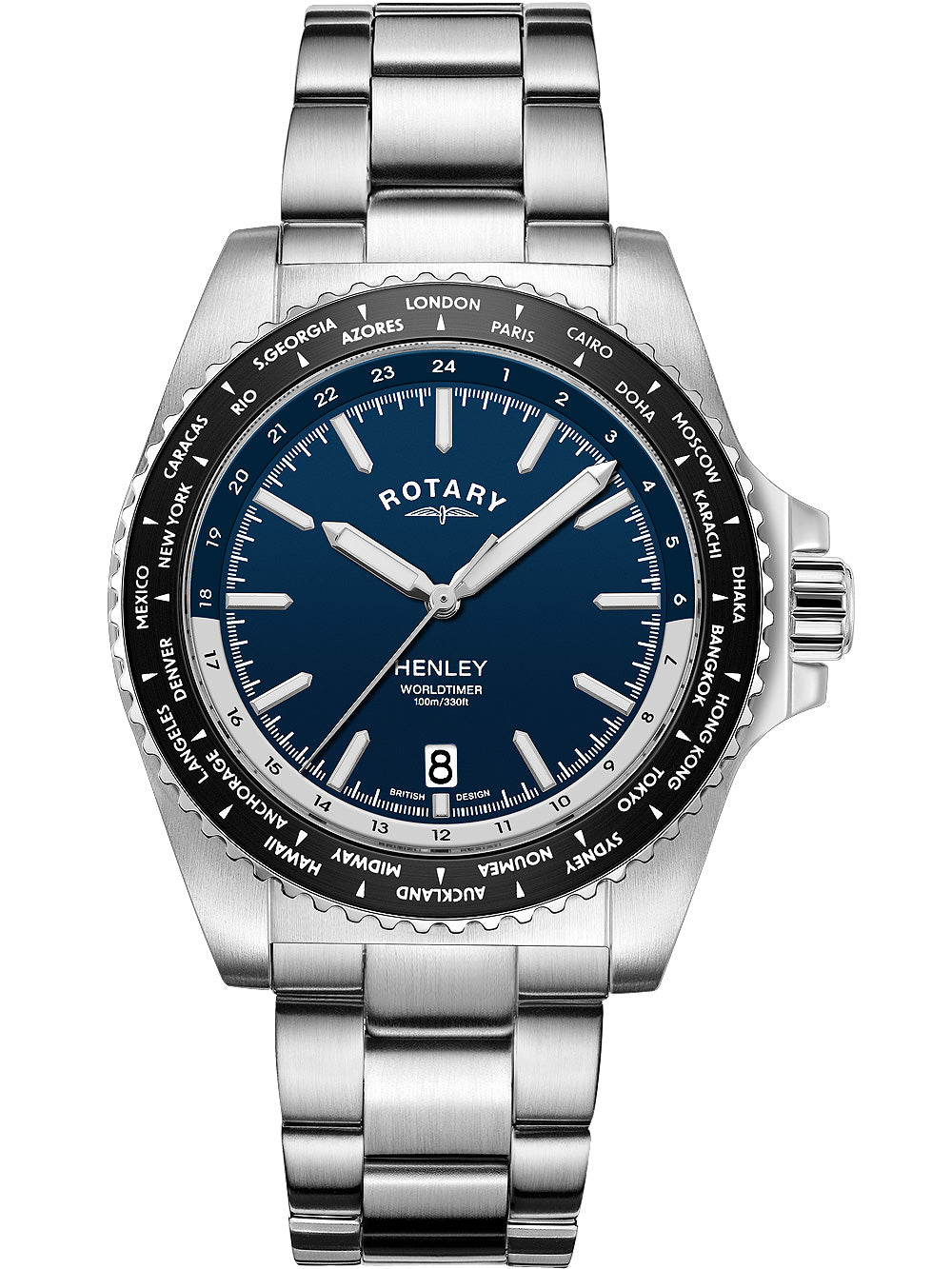 Rotary GB05370/88 Henley World Timer vyriškas laikrodis 41mm 10ATM