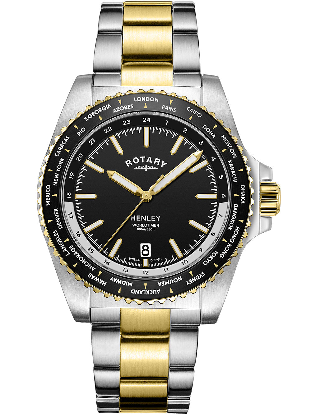 Rotary GB05371/04 Henley World Timer vyriškas laikrodis 41mm 10ATM